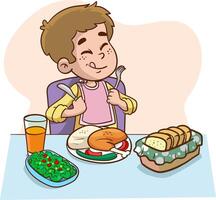 pequeño chico hambriento contento a comer ilustración vector