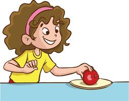 ilustración dibujos animados de un pequeño niña tomando un rojo manzana desde un plato y comiendo él. vector