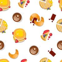 seamless pattern with waffles, coffee and other food items vector