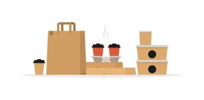 coffee and paper bags with coffee cups and lids vector