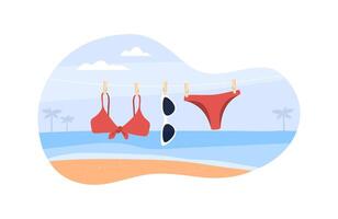 a bikini and sunglasses hanging on a clothesline vector