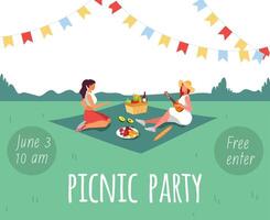 picnic party flyer with two women sitting on grass vector