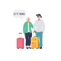 an elderly couple with luggage and a speech bubble vector