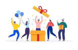 contento personas celebrando cumpleaños con regalo caja y globos vector