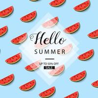 hello summer banner with watermelon slices on blue background vector