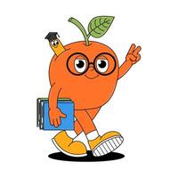 Back to school retro character. Cute walking apple in glasses with books and worm. Funky groovy sticker on a transparent background. Contemporary illustration. vector