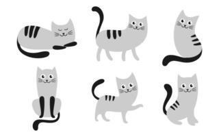 Set of cute cat cartoon characters in various poses, kitten on white background vector