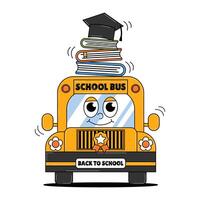 Back to school retro cute character. Funny school bus with books and graduation cap. Funky groovy element on a transparent background. Contemporary illustration. vector