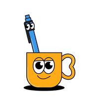 Back to school retro funky character. Funny mug and pen with cute faces. Groovy element on a transparent background. Contemporary illustration. vector