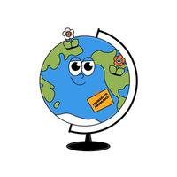 Back to school retro funky character. Cute Earth globe with flowers and sticker. Funky groovy object on a transparent background. Contemporary illustration. vector