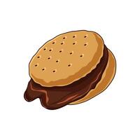 Illustration of biscuit cookie with chocolate cream on a white background in hand-drawn cartoon style vector