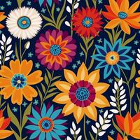 Floral Seamless Random Pattern with Coloful Fantasy Flowers in Bohemian style, Vibrant Background, Great for Textiles, Surfaces, Wallpapers, Wrapping Paper, Fabrics, Decor Ornament. vector