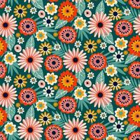 Floral Seamless Half Drop Pattern with Leaves and Flowers in Green, Red, Pink, Yellow, White. Repeat Wallpaper Print Texture. Perfectly for Wrapping Paper, Textile, Fabric, Decor Ornament. vector