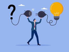 Businessman connect question mark with lightbulb solution. Solution solving problem, answer to hard question or creativity idea and innovation help business success, leadership to overcome difficulty. vector