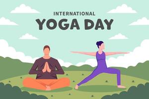 internacional yoga día antecedentes con dos personas práctica yoga vector