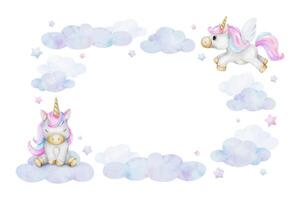 linda bebé cuento de hadas unicornio, nubes, estrellas. aislado acuarela marco. linda diseño para niño bienes, invitaciones, postales, póster, bebé ducha y para niños habitación vector