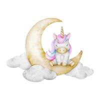 Cute baby fairytale unicorn sleeping on crescent moon in clouds. Isolated watercolor illustration for logo, kid's goods, clothes, textiles, postcards, poster, baby shower and children's room vector