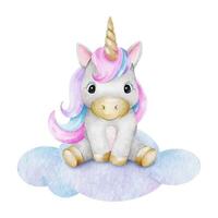 Cute baby fairytale unicorn sitting on cloud. Isolated watercolor illustration for logo, kid's goods, clothes, textiles, postcards, poster, baby shower and children's room vector