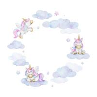 Cute baby fairytale unicorn, clouds, stars. Isolated watercolor frame. Cute layout for kid's goods, invitations, postcards, poster, baby shower and children's room vector