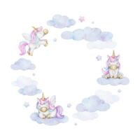 linda bebé cuento de hadas unicornio, nubes, estrellas. aislado acuarela marco. linda diseño para niño bienes, invitaciones, postales, póster, bebé ducha y para niños habitación vector