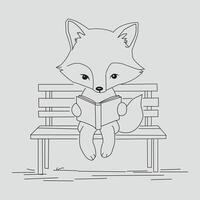 Fox Reading Book on Bench Cute Line Drawing vector