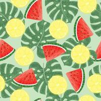 Seamless pattern with hand drawn watermelon, lemon slace and tropical monstera leaves on green background. vector