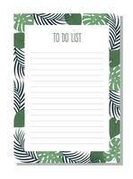 Planner, to do list with tropical leaves of monstera and palm leaves. vector