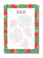 Planner, to do list with tropical leaves of monstera and watermelon slice. vector