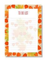 Planner, to do list, organizer with autumn physalis branches and maple leaves. vector