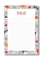 Planner, to do list with face of cats in cartoon style. vector