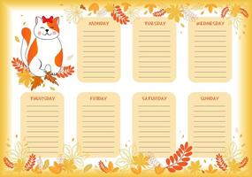 School planner with cute little red cat in colorful autumn design. vector