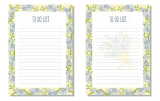 Set planner, to do list, organizer with forget-me-not flowers, leaves, bouquet. vector