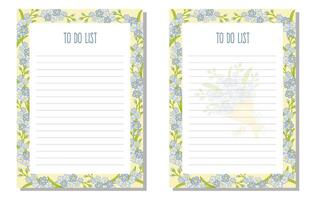 Set planner, to do list, organizer with forget-me-not flowers, leaves, bouquet. vector
