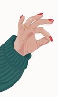 female hand in green sweater with red manicure and ring on the finger shows an ok gesture vector
