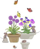 illustration with mice, butterflies, snail and allium flowers and violets vector