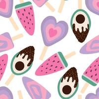 pattern with colorful ice cream on a stick, watermelon, avocado, heart vector