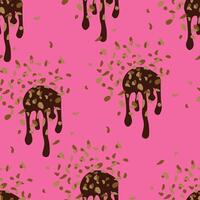 pattern with drips of chocolate glaze with nuts on a pink background vector