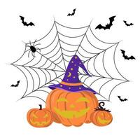 Halloween pumpkin lanterns of background whith cobweb with spider and bats vector