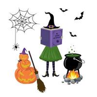 witch with a book by the fire brews a potion in a cauldron. pumpkin and broom, spider, cobweb, bats vector