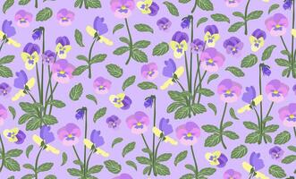 pattern with purple pansy flowers on a lilac background vector