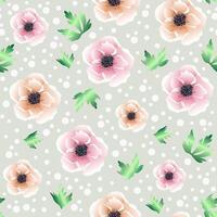 pattern with pink and peach anemone with green leaves vector