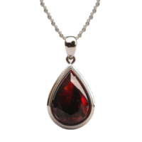 a red stone pendant with a chain on transparent background. png
