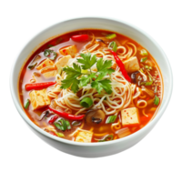 Generated AI Uzbek lagman soup served on transparent background plate seen from above png