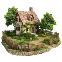 A Small House with a Fence and Trees on a small Island on transparent background. png