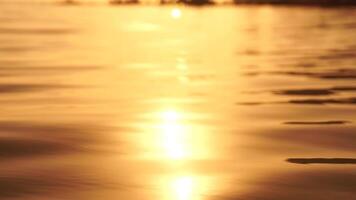 Sea water surface sunset. Low angle view over golden sea water. Sun glare. Abstract nautical summer ocean nature. Holiday, vacation and travel concept. Nobody. Slow motion. Weather and climate change video