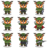 linda ciervo soldado en camuflaje uniforme. dibujos animados gracioso ciervo soldado personaje con casco y verde uniforme en diferente posiciones. gracioso animal ilustración colocar. vector