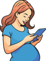 Pregnant woman searching information on tablet and preparing for the birth, isolated clipart for stages of pregnancy, relaxing, entertainment, birth plan, health, life, family, healthcare, lifestyle png