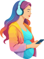 Pregnant woman with big belly wearing wireless headphone listening to music, relaxing and calming, teen mom clipart for stages of pregnancy, stress relief, preparing for the birth, healthcare, mind png