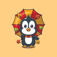 Cute penguin with umbrella at autumn season. vector