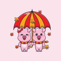 Cute couple pig with umbrella at autumn season. vector